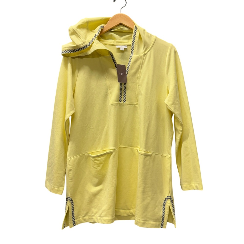 J.Jill Fit Hoodie Womens Petite Medium MP French Terry Yellow Embroidered NEW